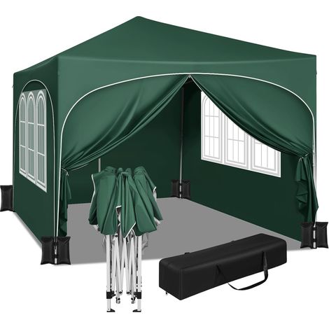 WOLTU Tente de Fête 3x3m avec 4 Sacs de Sable, Tonnelle de Jardin avec 4 Parois Latérales, Pavillon Pop-Up avec Toit en Demi-Cercle, Tente Pliante, Tente Pare-Soleil, Vert