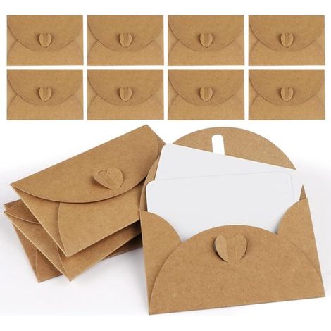 Set mit 50 Mini-Umschlägen Enthält 50 Karten Vintage-Kraftpapierumschläge Mit herzförmigem Verschluss Ideal für Bargeld Geschenkkarten und (1/5)