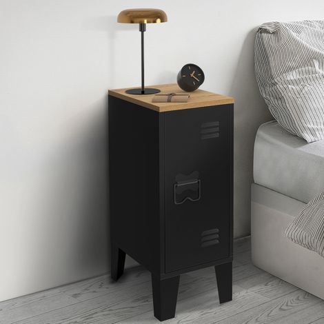 Lote de 2 mesillas de noche ESTER de 1 puerta de metal negro y tapa de haya de diseño industrial (1/5)