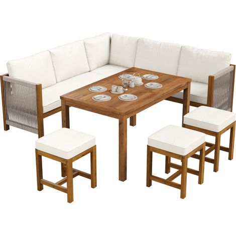 Conjunto de Jardín de 8 Plazas en Poliéster con Sofá Esquinero, Mesa, 3 Taburetes y Cojines Cómodos, Beige y Natural (1/5)