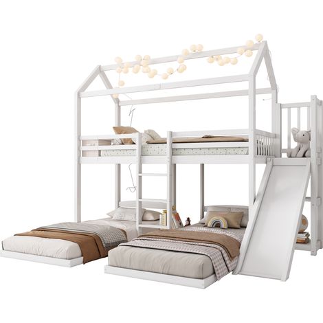 [N622T148589W]Lit superposé, lit pour enfant, structure de cadre de lit stable, avec toboggan, design de toit unique, conception à trois couchages, rangement dans le lit supérieur, pin+MDF, blanc, 90x (1/5)