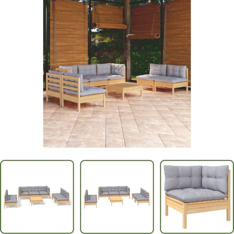 Terrassensofa - 8-tlg. Garten-Lounge-Set mit Grauen Kissen Kiefer Massivholz (1/5)