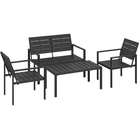 Set 4 Pezzi Salotto da Giardino con Tavolino da Caffè Divanetto 2 Posti e 2 Sedie in HDPE e Metallo Nero (1/5)