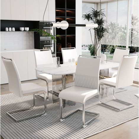Moderne Esszimmerstühle 6er Set, Rückenlehne aus PU Kunstleder und Leinen, hoher Rücken gepolstert Side Chair, Querstreifen Rückenlehne Design für Esszimmer, Küche, Gast Bürostuhl, Weiß (1/5)