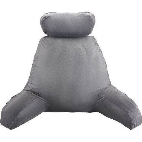 Almohada de Lectura con Reposacabezas Extraíble, Respaldo con 3 Bolsillos, Espuma Viscoelástica Triturada y Tela Corta de Terciopelo Lavable, Lateral con Asas para Leer y Descansar, Gris (1/5)
