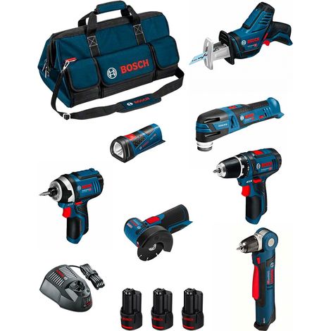 Bosch – Pack de 8 outils électroportatifs 12V – Perceuse-visseuse GSR 12V-15 – Visseuse à chocs GDR 12V-105 – Meuleuse GWS 12V-76 – Avec 3 batteries 3.0Ah (1/5)