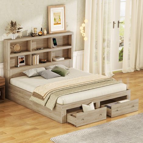 Bett mit Stauraum Spanplatte Natur 160x200 cm, Doppelbett mit USB-Anschluss, Kopfteilregal und 2 Schubladen (1/5)