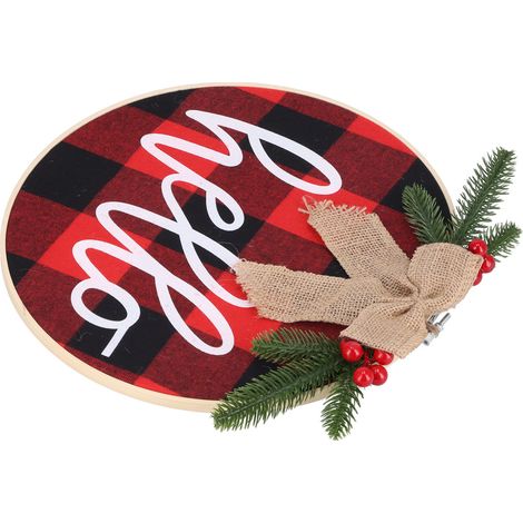 Panneau « Bonjour » pour porte d'entrée, couronne ronde en lin à carreaux pour la décoration de Noël (1/5)