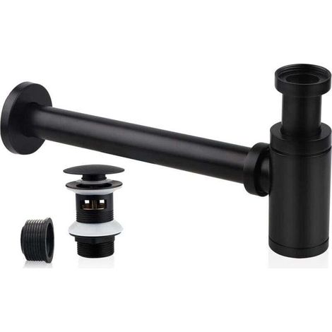 Siphon de Lavabo avec Bonde de Lavabo, Universel Tube Siphon de Lavabo Siphon en Acier Inox 1 1/4 x 32mm Salle de Bain Siphon Évier Métal Siphon à Tube Siphon à Tube Syphon Lavabo Reglable Noir (1/4)
