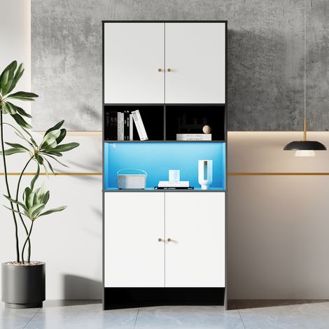 Meuble polyvalent / buffet avec 4 portes et 3 compartiments ouverts, bicolore noir et blanc, en bois. Idéal pour le salon, la chambre et la cuisine. Dimensions: 80 x 40 x 185 cm (1/5)