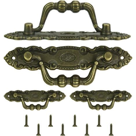 QORVA-Lot de 4 poignées de meubles antiques en bronze avec anneau de traction - Poignées de tiroir décoratives vintage avec vis pour armoires, commodes, boîtes en bois (1/5)