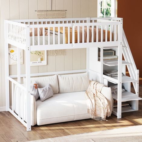 Letto a soppalco 140x200 cm bianco in legno di pino con scala contenitore e barriera di sicurezza (1/5)