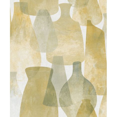 papier peint poterie jaune ocre et vert olive grisé - Sanders & Sanders (1/2)