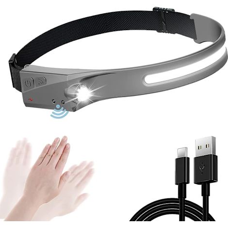 Lampe frontale étanche à capteur, lampe frontale puissante à LED COB, 5 modes, rechargeable par USB, idéale pour le camping, la lecture, la randonnée, le vélo… (1/3)