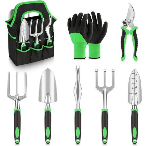Ensemble de 8 outils de jardin robustes avec sac de rangement. Facile à ranger. Comprend des gants et autres outils de jardinage à main. Idée cadeau pour hommes et femmes. (1/5)