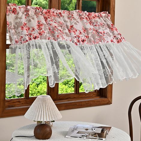 Petit Voilage Blanc et Rose Cuisine, Voilage Petite Fenetre, Rideaux Courts Cuisine Sheer, Rideau Semi Transparent, 50 x 140 cm (1/5)