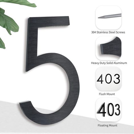 Numéro de maison noir 4,9 pouces 5, numéro de rue résidentiel moderne pour aluminium flottant à montage affleurant MNS (1/3)