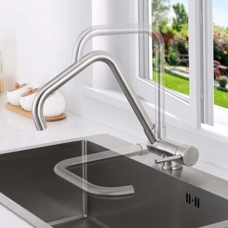 Green Mobility-Robinet mitigeur de cuisine pivotant et pliable 360°, avec poignée pliable pour installation sur plan de travail, en acier inoxydable 304, pour eau chaude et froide, couleur argent. (1/4)