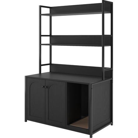Enclos grand format pour litière avec étagère de rangement, meuble cache-litière pour chat, maison en bois pour chat avec tapis à griffer, meuble d’intérieur robuste à 2 portes pour le contrôle des od (1/5)