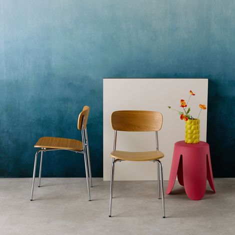 Lot de 2 chaises vintage contreplaqué avec placage bois et pieds métal L 43.5 x P 51 x H 77cm - Toby Chromé / Frêne