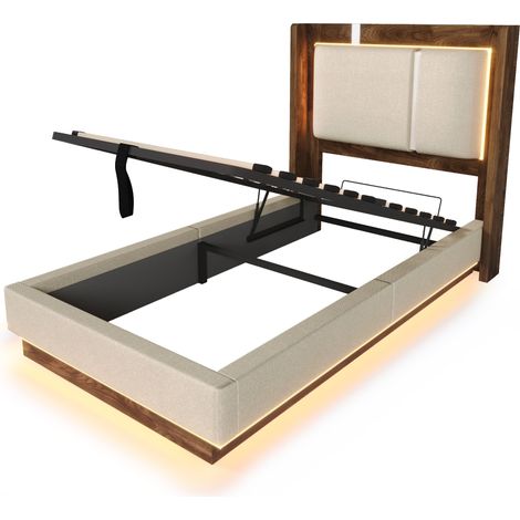Polsterbett 90x200 cm mit Lattenrost, LED, hydraulischem Bettkasten, beige und Nussbaum (1/5)