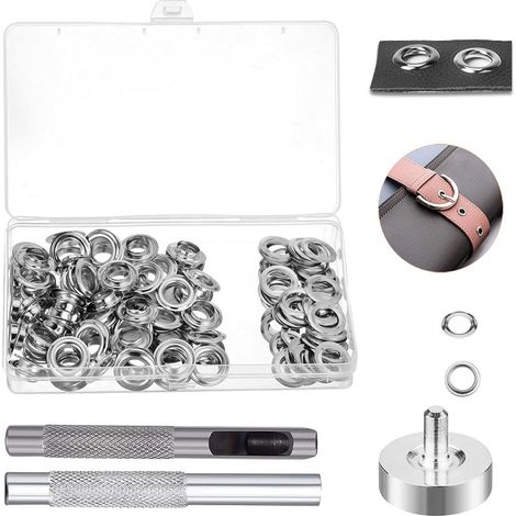 Oeillet Couture Kit de Grommets 100 Pièces - Outils Inox pour Bâche en Tissu, Bricolage, Craft - 6 mm Ensembles Oeillets Metal Argent (1/5)