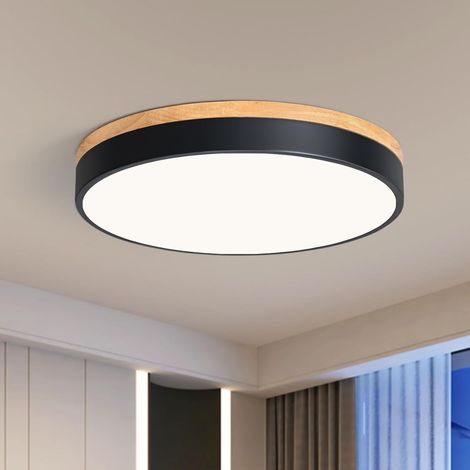 Plafonnier LED noir moderne, plafonnier en bois de 40 cm, plafonnier rond de 30 W, idéal pour un salon, une chambre, une cuisine, un couloir ou une salle à manger. Lumière neutre 220 V [Classe énergét