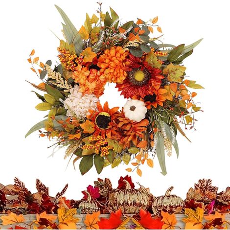 Couronne d'automne pour Thanksgiving - Couronne Artificielle Tournesols et Baies - Décoration de Saison avec Message pour Intérieur Porche Mur Porte Ferme (1/5)