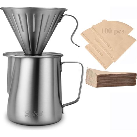 Cafetière à verser, Ensemble de cafetière en acier inoxydable 304 avec 100 filtres en papier Numéro 2 et pichet à mousse de lait de 600 ml, pour la maison et le camping