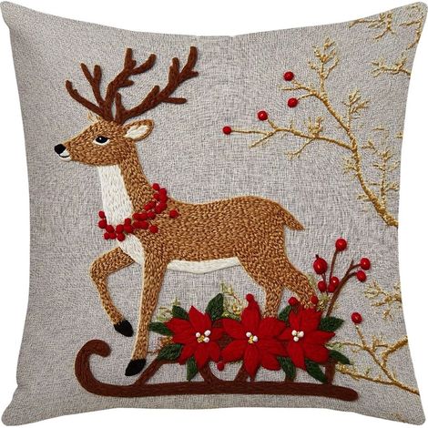 Housse De Coussin De Noël - Linen - 45 X 45 Cm - Motif Cerf Lapin - Décoration Salon Chambre - 1 Pièce (1/5)