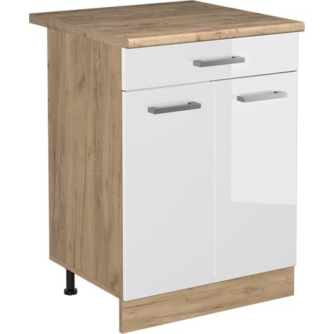 Küchenunterschrank R-Line, Weiß Hochglanz/Goldkraft Eiche, 60 cm mit Schublade Arbeitsplatte Goldkraft Eiche, Vicco (1/5)