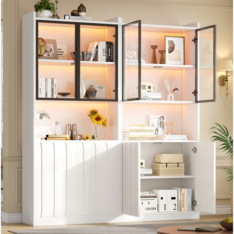 Vitrine LED 160x35x200 cm, armoire haute à portes vitrées, rangement 2 modules, panneaux de particules - blanc (1/5)