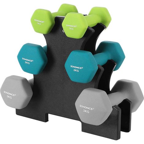 Set haltère 3 paires 2x1 kg 2x2 kg 2x3 kg rack de rangement offert salle de sport musculation entraînement revêtement en néoprène antiglisse vert vif turquoise et gris (1/5)