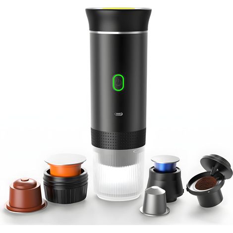 Cafetera portátil eléctrica a pilas, máquina de espresso de 12 V para camping, viajes y coche, autocalentable, compatible con café molido y cápsulas NS.