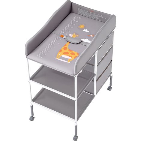 Table à langer bébé portable avec 3 tiroirs en tissu, roues verrouillables, hauteur réglable, station multifonctionnelle avec rangement, gris. (1/5)