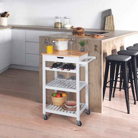 The Home Deco Factory – Desserte de cuisine à roulettes 3 niveaux – Blanc et marron – Rangement nomade pour condiments – Ultra-décoratif et mobile (1/5)