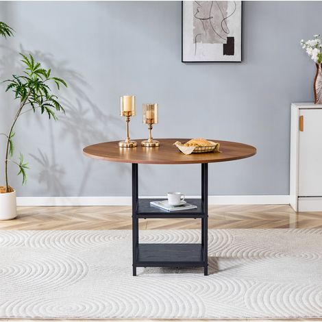 Mesa de comedor redonda de 107 cm, con doble balda abierta, MDF y metal, efecto nogal y negro HAVRYA (1/5)