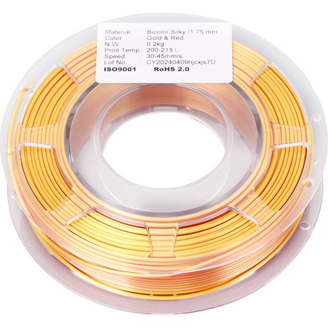 Filament PLA 1,75 mm, or et rouge bicolore, coextrusion, consommable pour impression 3D, 200 g, 30-45 mm/s (1/5)