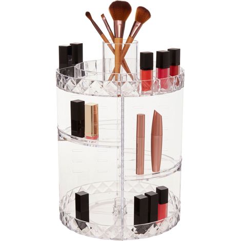 Premier Housewares Cosmetic Organiser With 3 Tier Round Compartments Clear Diamond Multipurpose Storage Statement Piece for Dresser / Bathroom With Rotating Base W26 X D26 X H39cm. (1/5)