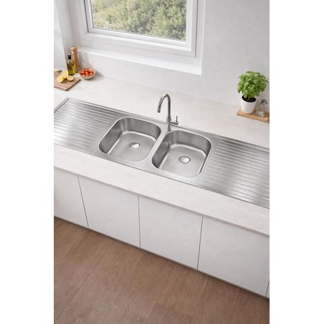 ViandPro Double Bowl Double Drainer Sink - 1800 x 500 mm - Satin Finish