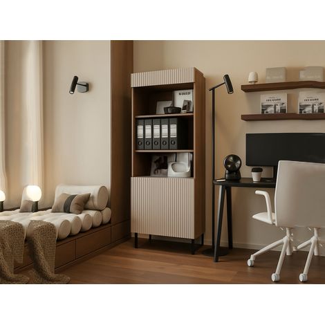 Librería Agri, estantería con compartimentos abiertos y puerta, diseño moderno y minimalista, 185x42 h60 cm, nogal y beige (1/5)