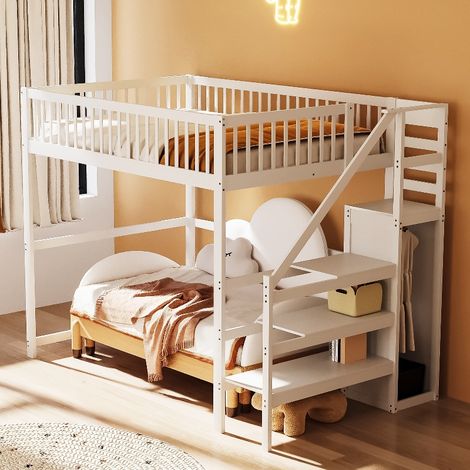 Hochbett 140x200 mit Treppe und Schrank, platzsparendes Kinderbett aus Massivholz mit Aufbewahrungsregal und Rausfallschutz, 245x145x179.7 cm, Weiß (1/5)