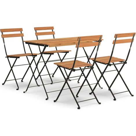 Ensemble Table + 4 chaises de bistro pliable, Set bistrot, Ensemble repas de jardin, Bois d'acacia solide et acier OIB7277E (1/5)
