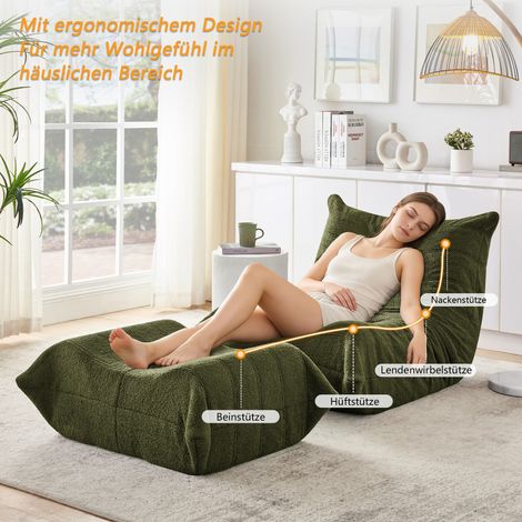 Canapé lounge vert avec repose-pieds, fauteuil moelleux en tissu teddy, coussin de sol douillet pour salon, chambre, bureau ou appartement