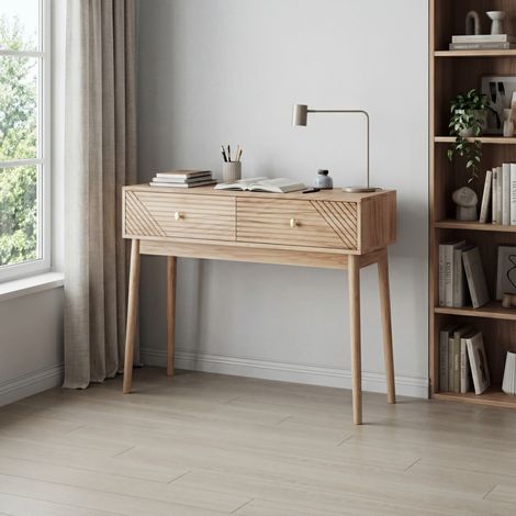 Tavolo consolle stile Mid-Century in MDF color rovere con 2 cassetti e gambe in pino (1/5)
