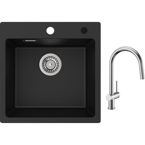 Cecipa Evier 1 Bac en Quartz et Résine 45x45cm Evier de Cuisine Evier à Encastrer 1 cuve + Mitigeur de Cuisine avec Douchette Extractible Brossé (1/5)