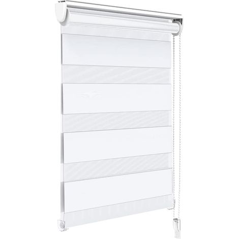 Store Enrouleur Double- Translucide & Occultant Jour Nuit Montage par Serrage sans Percer pour Fenêtre Et Porte avec Chaînette, 40 x 150 cm Blanc (1/5)