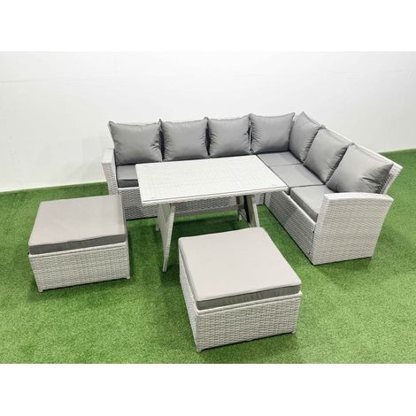 Fimous 8 Seater Garden Outdoor Rattan Furniture Set Rattan Corner Sofa Oblong Dining Table Set with 2 Big Footstools Light Grey Mixed (1/4)