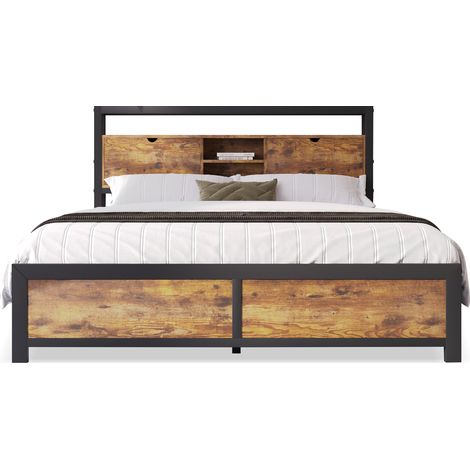 Letto Matrimoniale 140 x 200 cm con Testiera Contenitore e Spazio Sottoletto, senza Materasso, Metallo e Legno, Naturale (1/4)