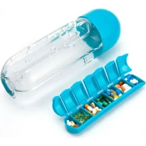 Sport-Trinkflasche mit Einsatz, 7-Tage-Organizer-Box, lebensmittelechter Trinkbecher in medizinischer Qualität, Blau (1/4)